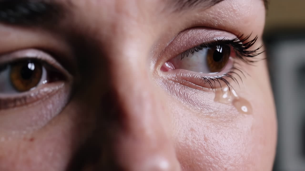 눈물을 흘리는 여자 얼굴의 클로즈업