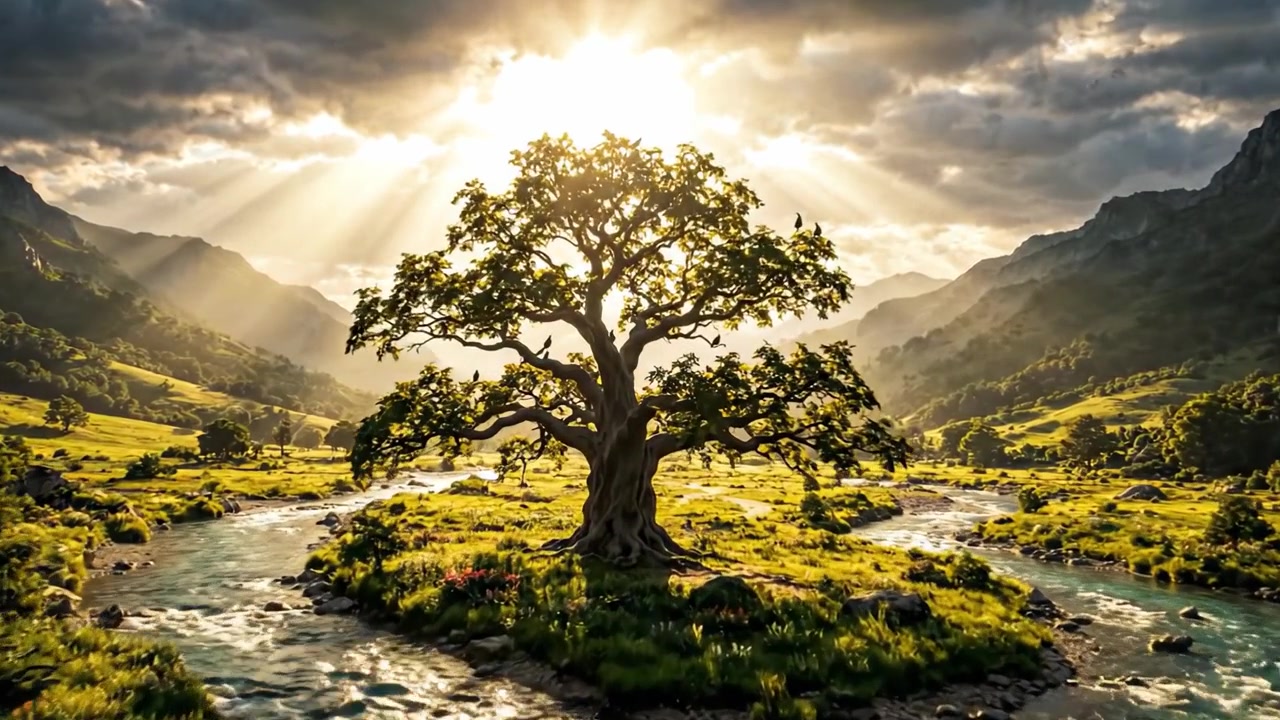Árvore Majestosa Iluminada pela Luz do Sol Entre Montanhas Cênicas e Rio Caudaloso, Capturando a Essência da Beleza e Serenidade da Natureza