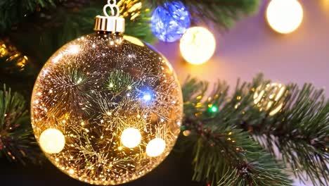 close-up of a gold christmas ornament hanging on a christmas tree