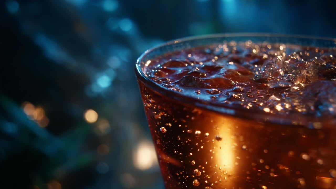 Aesthetic Close-Up of a Bubbles Filled Beverage with Amber Tones and Sparkling Elements, Capturing the Refreshing Essence and Effervescence of a Delightful Drink in a Softly Lit Background