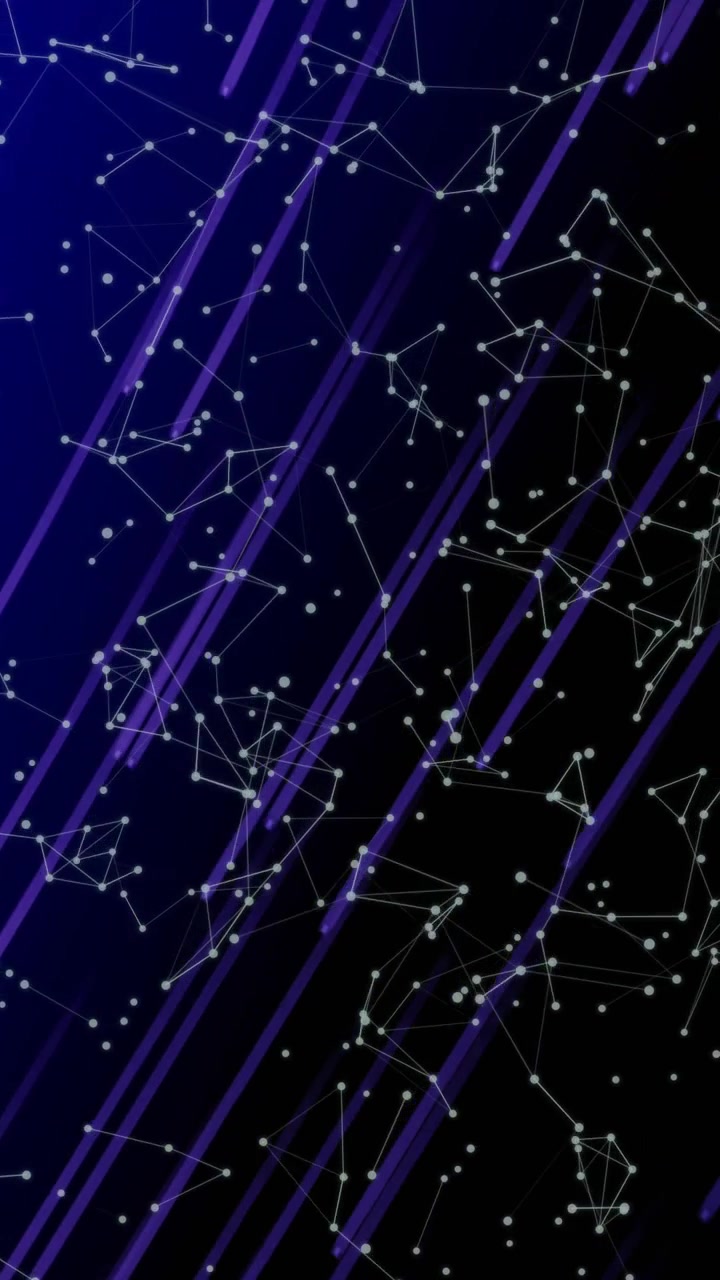 Vertical video: Loading nodes drifting, lines reshaping and purple bands sliding, forming starfield