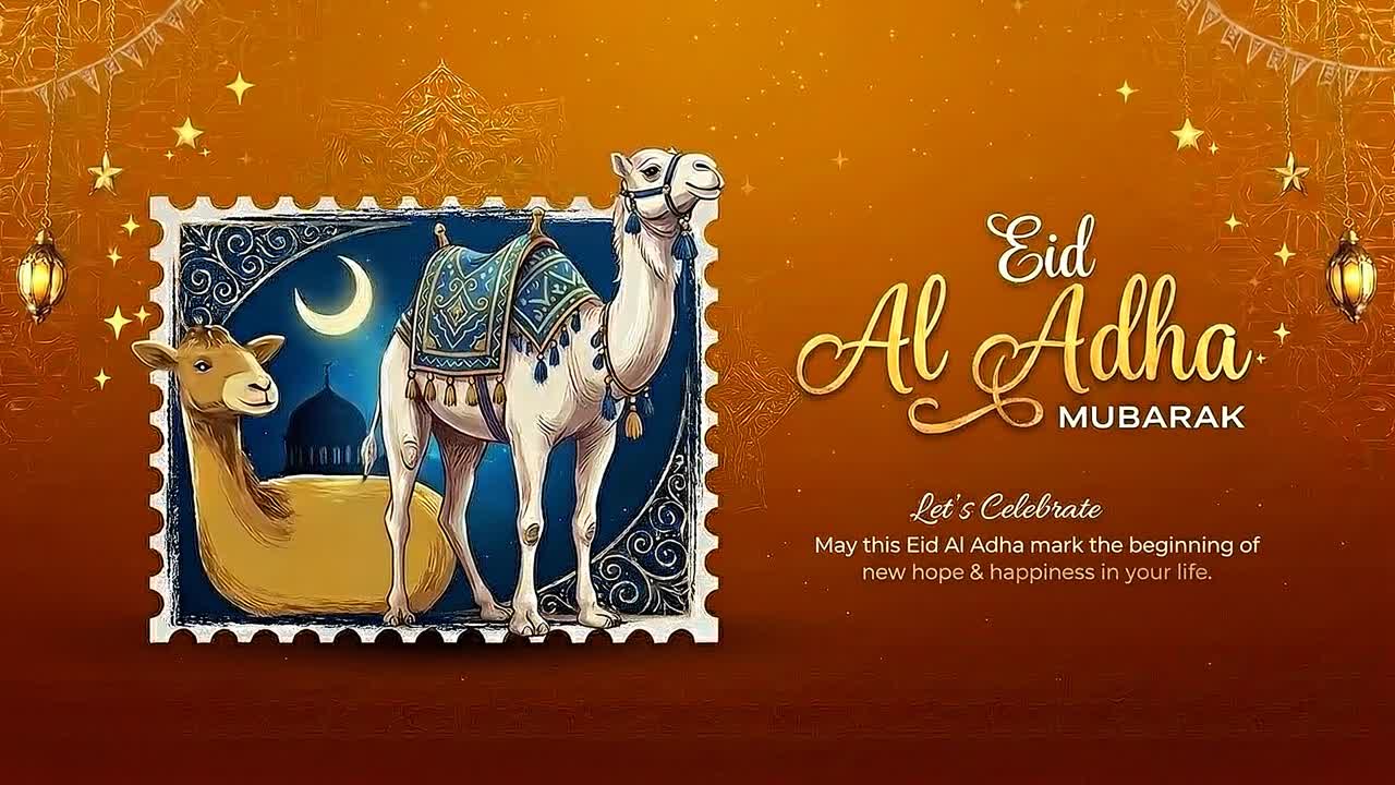 Animazione banner di celebrazione Eid Al Adha con cammello decorato, luna crescente e luminoso sfondo festivo islamico.