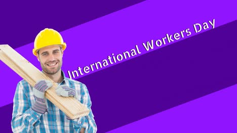 animation of smiling caucasian male worker over international workers day text
