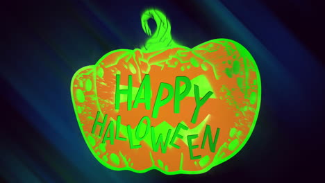 glowing green and orange pumpkin with happy halloween text animation