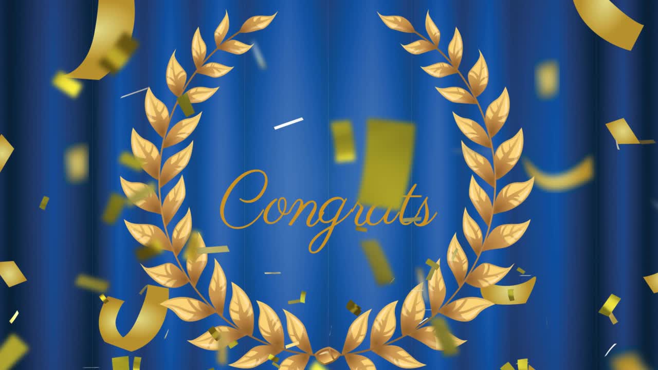 Animation of congrats text over crown and confetti falling