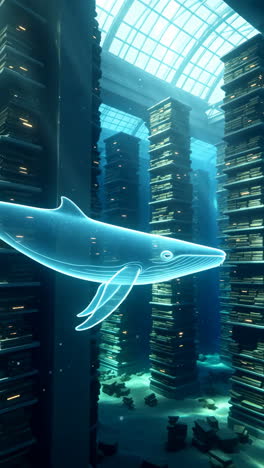 ethereal whale in an underwater library