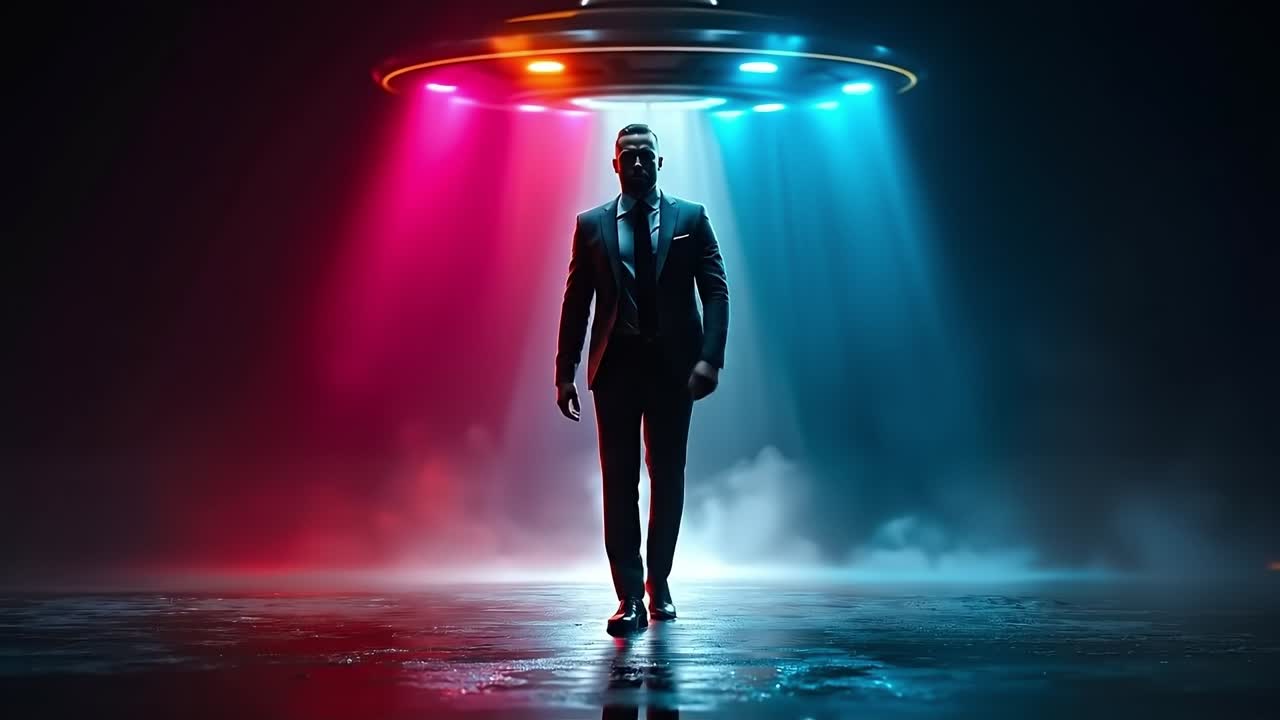 A man in a suit standing in front of a ufo flying saucer