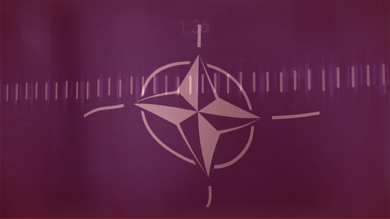 NATO emblem with digital scanning animation over purple background