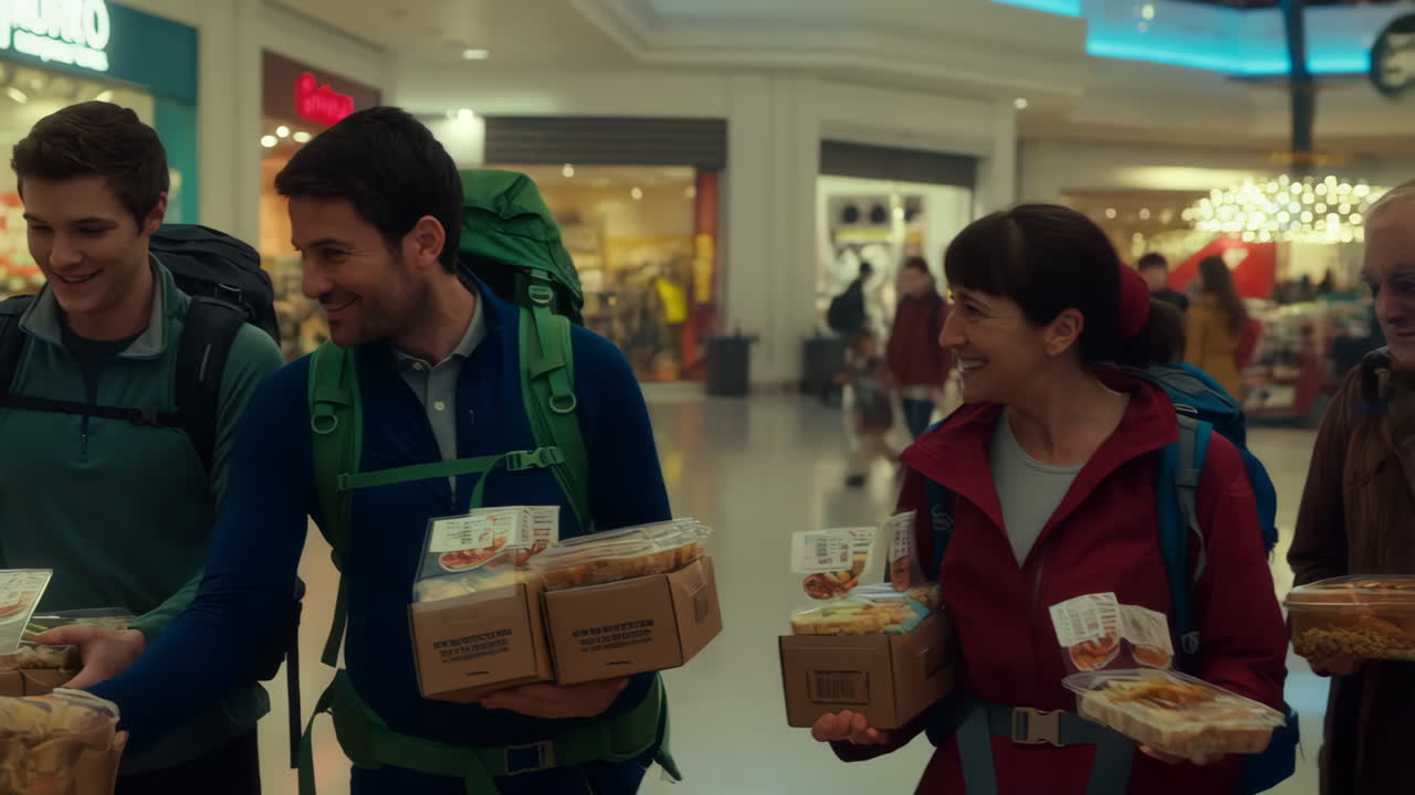 People in a mall eating takeout food