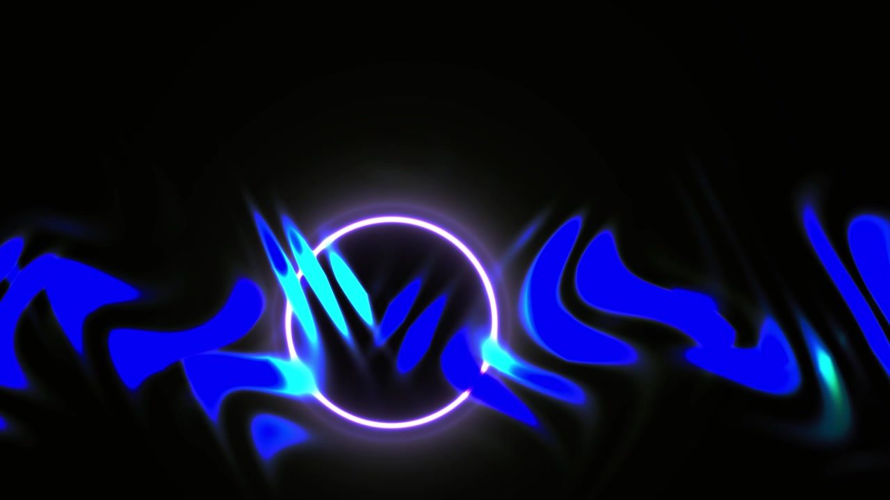 Forme astratte blu e ciano luminose con cerchio neon pulsante