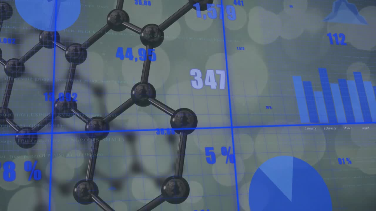 Animazione di elaborazione dati finanziari su molecole.