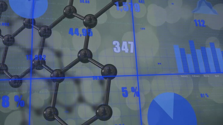 Animazione di elaborazione dati finanziari su molecole.