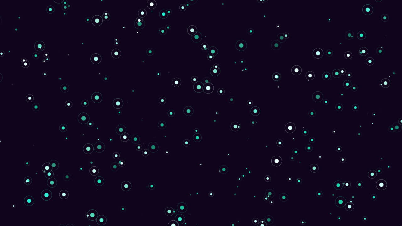 Filmato astratto dinamico di particelle circolari luminose color verde acqua e bianche che fluttuano su uno sfondo scuro, creando un motivo moderno in stile bokeh, ideale per progetti di tecnologia, scienza o design festivo.