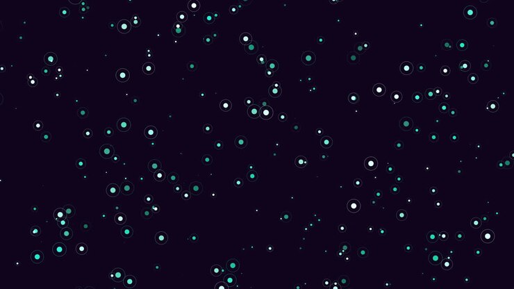 Dynamic abstract footage of glowing teal and white circular particles drifting on a dark background, creating a modern bokeh style pattern ideal for technology, science, or festive design projects