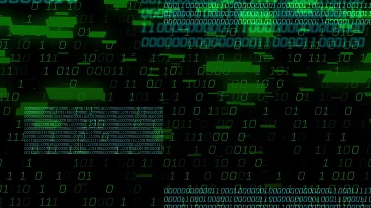 Groenblauwe panelen schuiven van rechts en starten een keten, groene balken zweven, deeltjes vallen en vormen een matrix.