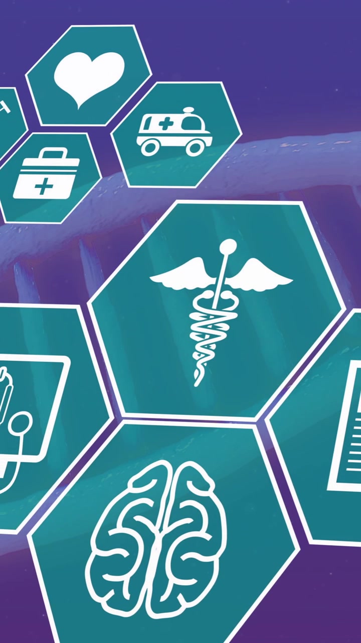 Animación de una red de iconos médicos sobre una cadena de ADN en fondo azul