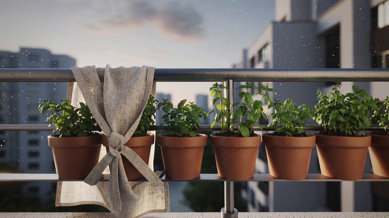 Cinque vasi di terracotta e biancheria legata che ondeggiano, rispondendo al sole che tramonta e alla brezza sul balcone, nebbia
