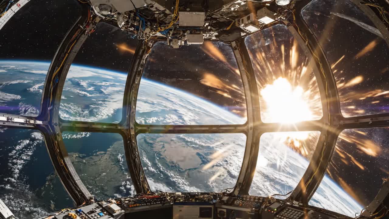 View of Earth and explosion from a spaceship window