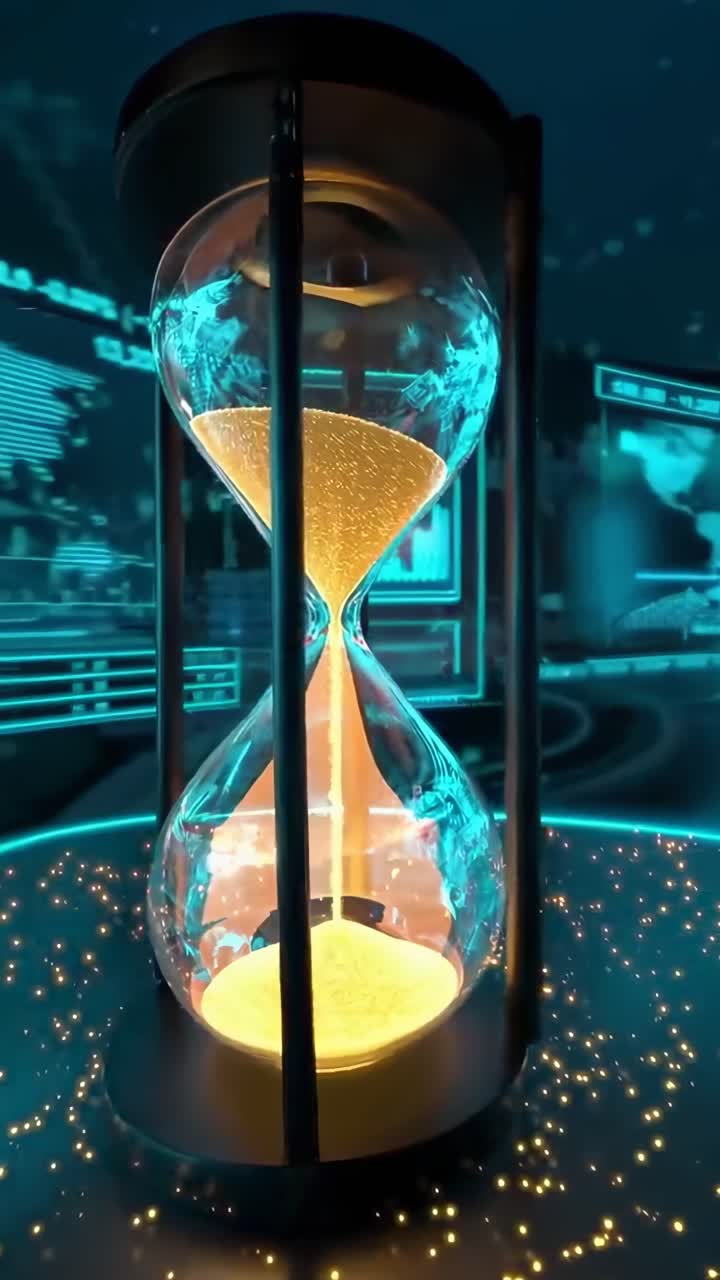 Futuristic video concept with a close-up angle of an hourglass, glowing data visuals
