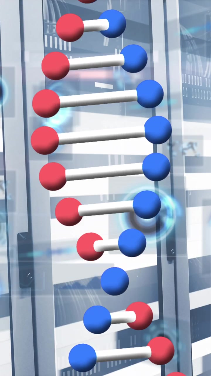 Animazione di filamento di DNA ed elaborazione dati su sala server