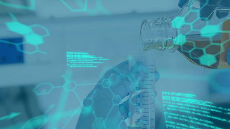 Animation of data processing over scientist in lab