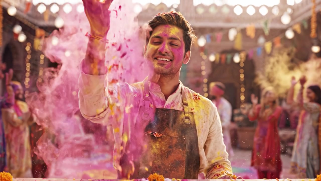 Celebração Vibrante de Cores: Um Homem Alegremente Envolvido em um Evento Festivo Cercado por Flores Coloridas e Participantes Alegres em uma Atmosfera Animada