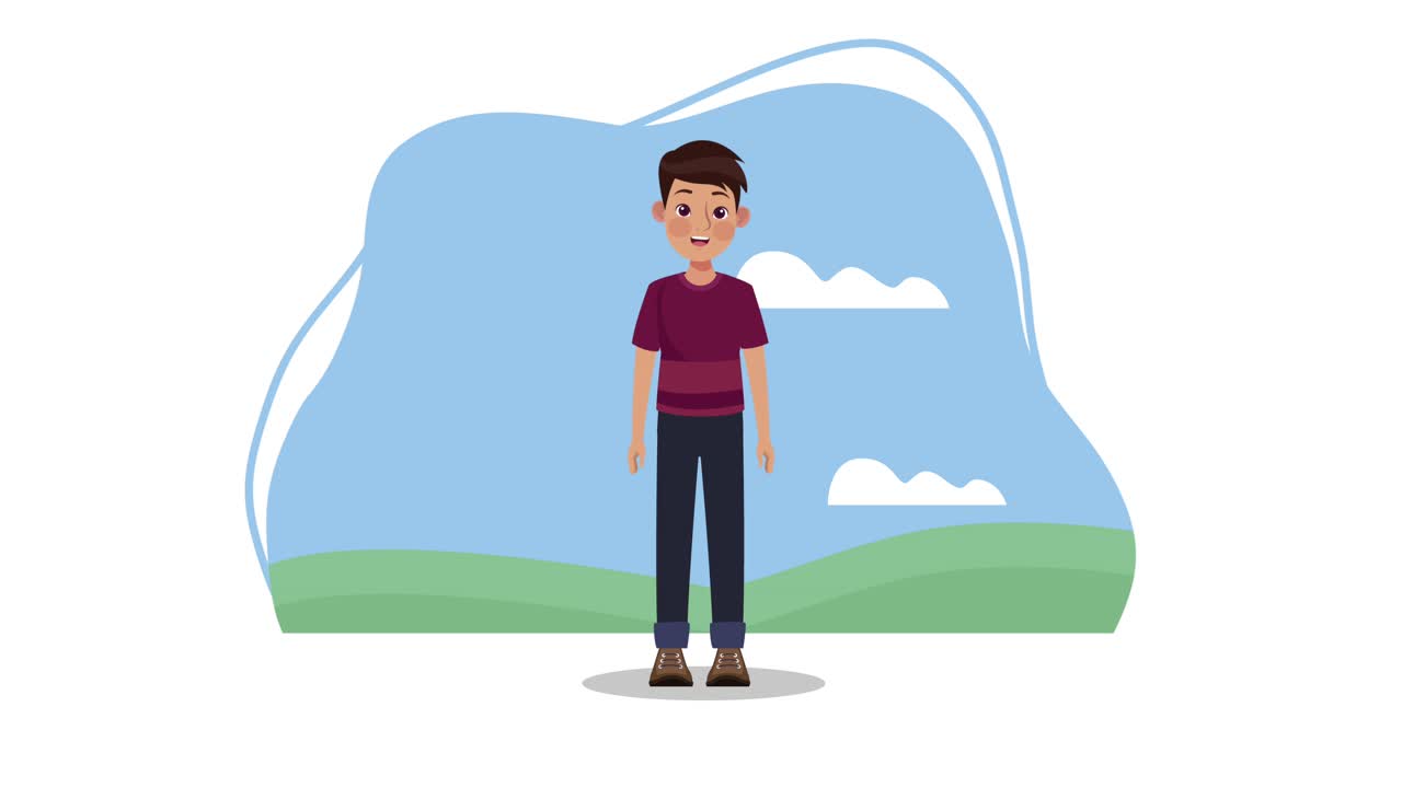 joven de pie en el campamento animación de personajes