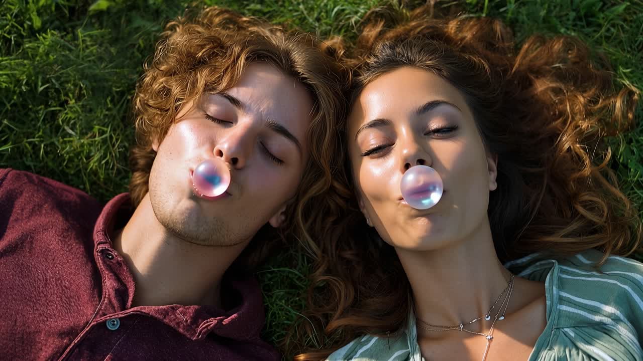 Sunlight warms two lovers' curly hair as they lie in grass. They blow bubbles, eyes closed, sharing sweet, carefree moments. Laughter bursts as they lean close, joy radiating in their smiles