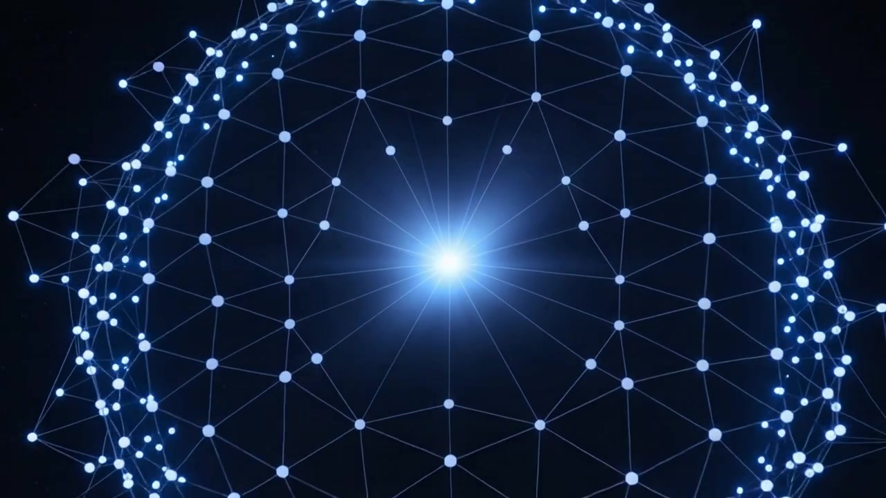 Pulsing central blue-white core sending beams and sparks across navy space forming node ring