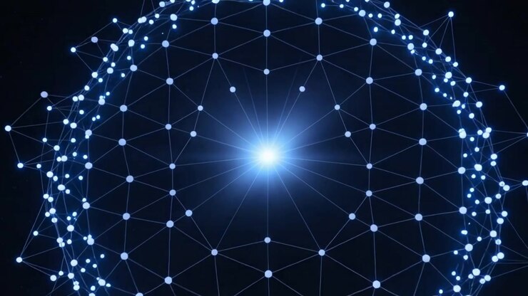 Nucleo centrale blu-bianco pulsante che invia raggi e scintille attraverso lo spazio blu scuro formando un anello di nodi