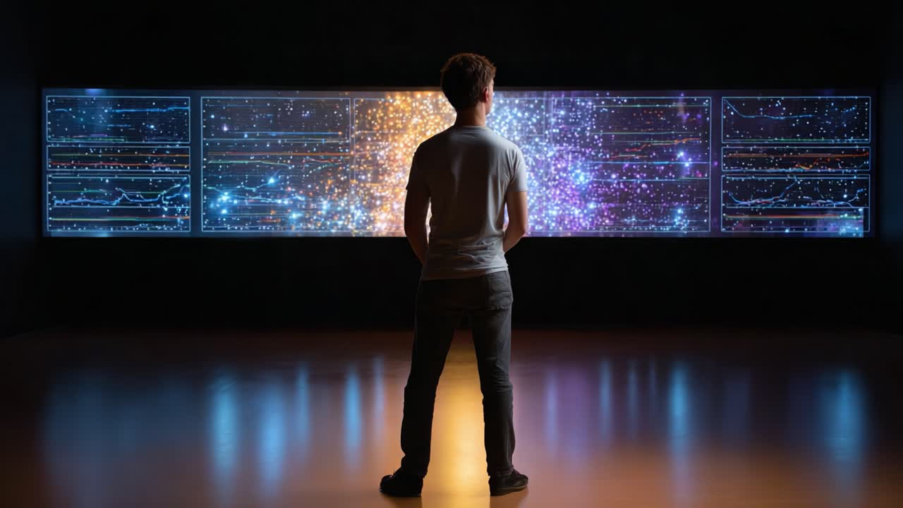A Deep Exploration of Cosmic Phenomena: A Person Analyzing Data on a Futuristic Screen Filled with Stars and Graphs Representing Astronomical Findings