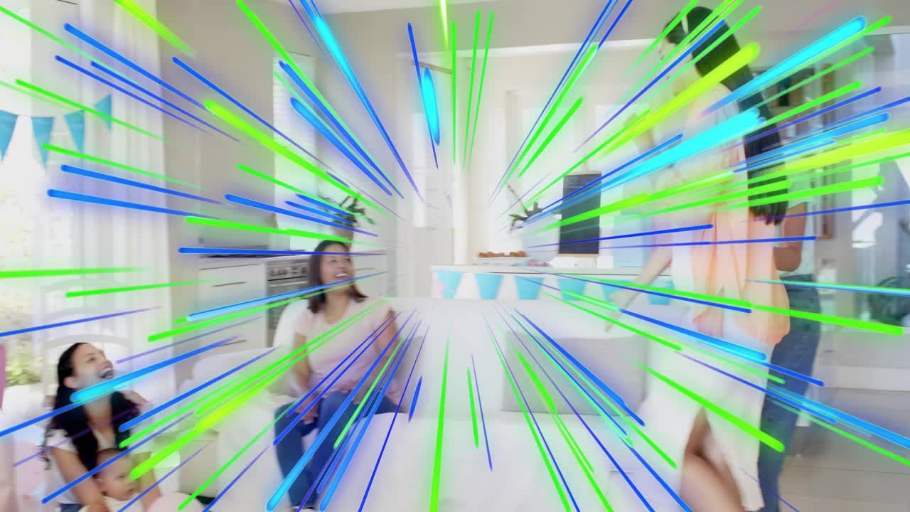 Mom entering with baby, showing gifts at island for shower, guests hugging, radial overlay masking