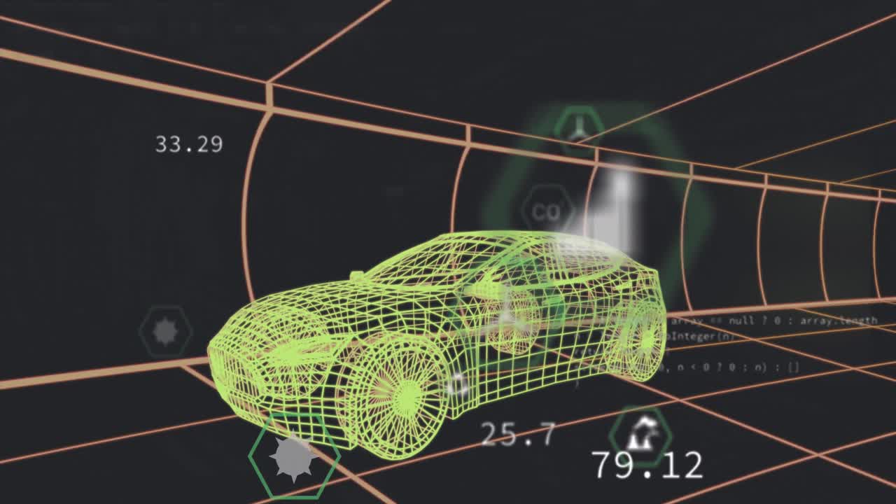 animación de múltiples iconos digitales sobre un modelo de coche 3d que se mueve en un patrón sin fisuras en un túnel
