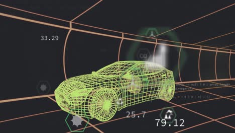 Animation-Mehrerer-Digitaler-Symbole-über-Einem-3D-Automodell,-Das-Sich-In-Einem-Nahtlosen-Muster-In-Einem-Tunnel-Bewegt