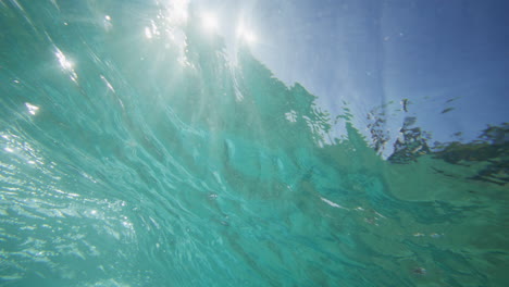 surfista montando una ola desde abajo en aguas cristalinas