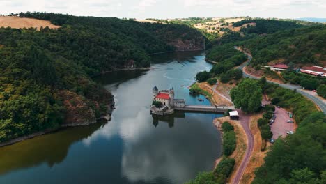 aerial shot around chateau de la roche on the loire river near roanne city in loire departement, auvergne rhone alpes region, france