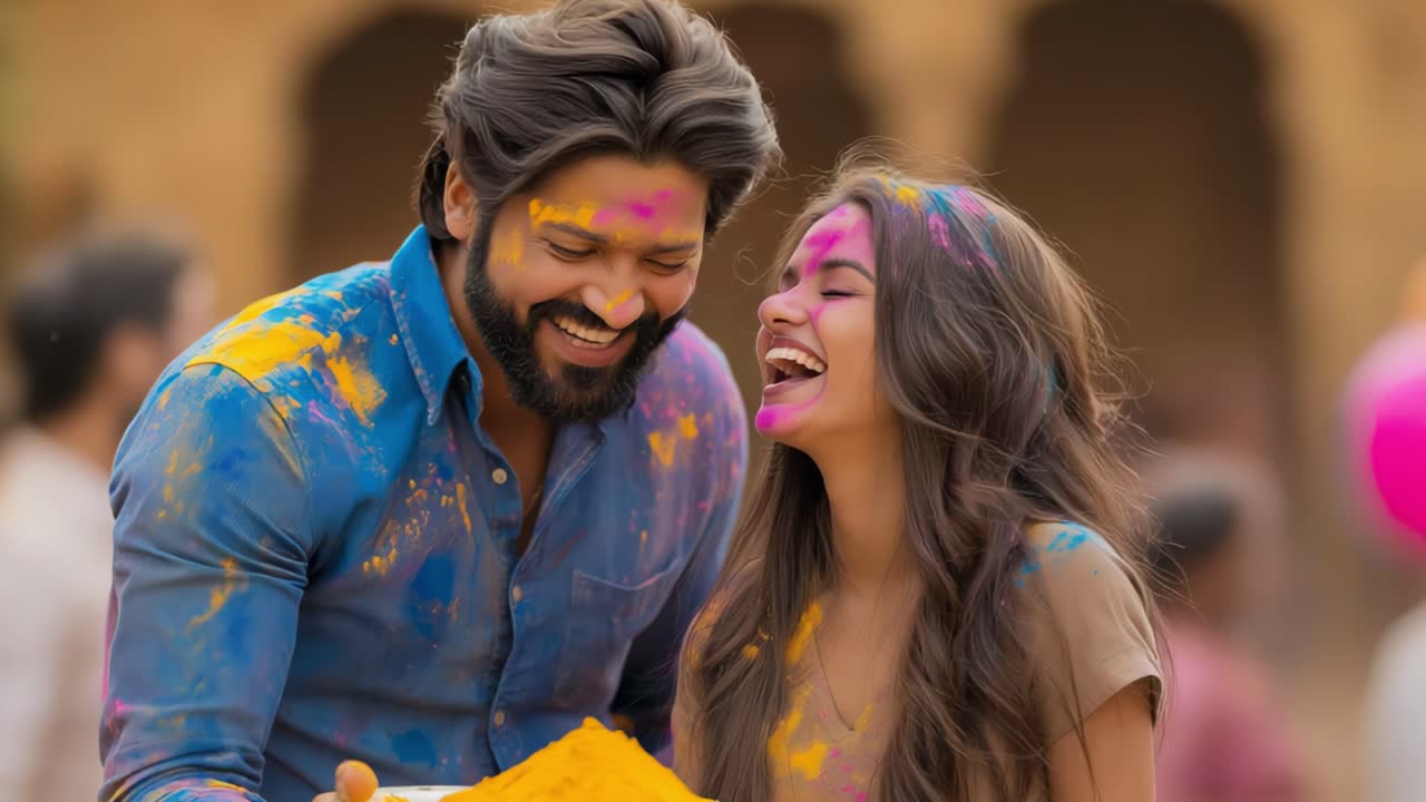 Coppia che festeggia Holi con i colori
