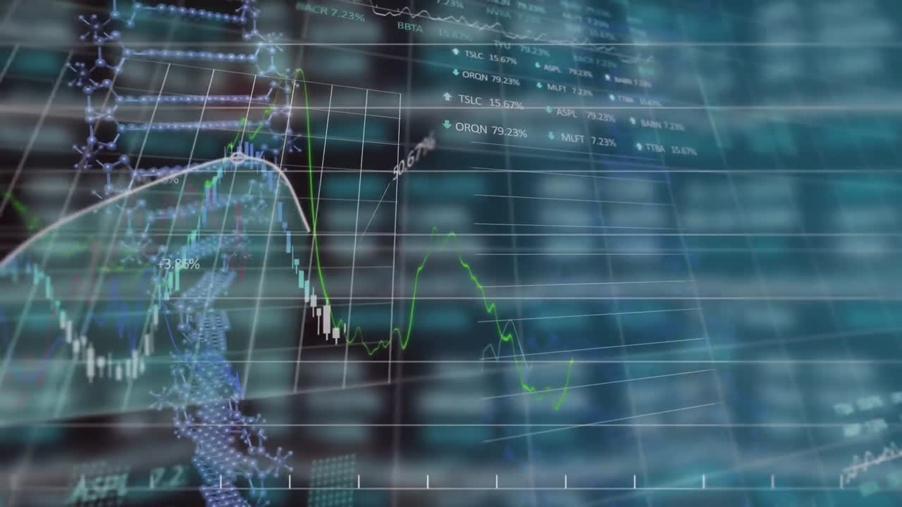 animación de gráficos y hélice de adn sobre tablero de negociación contra un fondo abstracto