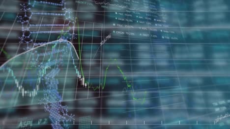 Animation-Von-Diagrammen-Und-DNA-Helix-über-Dem-Handelsbrett-Vor-Abstraktem-Hintergrund