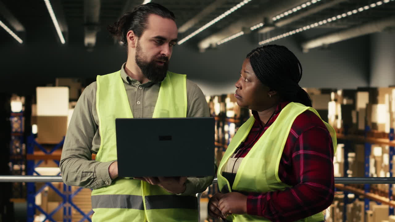 Warehouse Workers Discussing Logistics on Laptop in Storage Facility