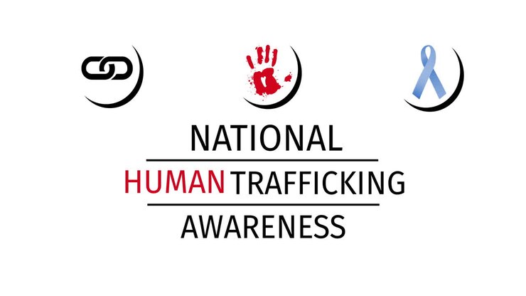Animation of stop human trafficking text over hand, chain and ribbon icons