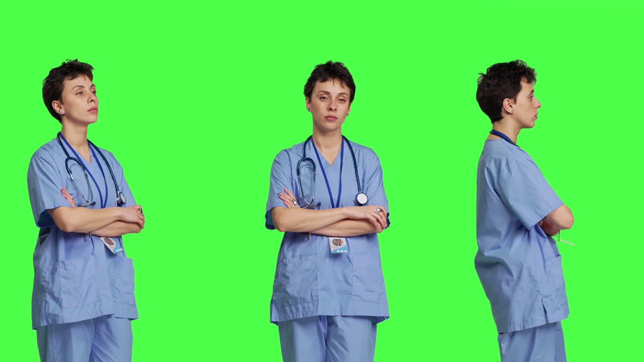 자신감 있는 의료 보좌관 의 초상화 는 스튜디오 에서 팔 을 고 포즈 를 취 하고 있다