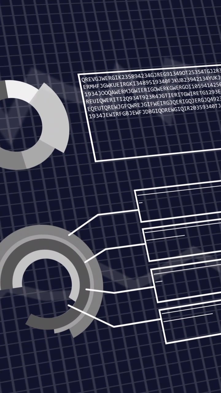 Animazione di interfaccia con codifica binaria ed elaborazione di dati statistici su sfondo blu