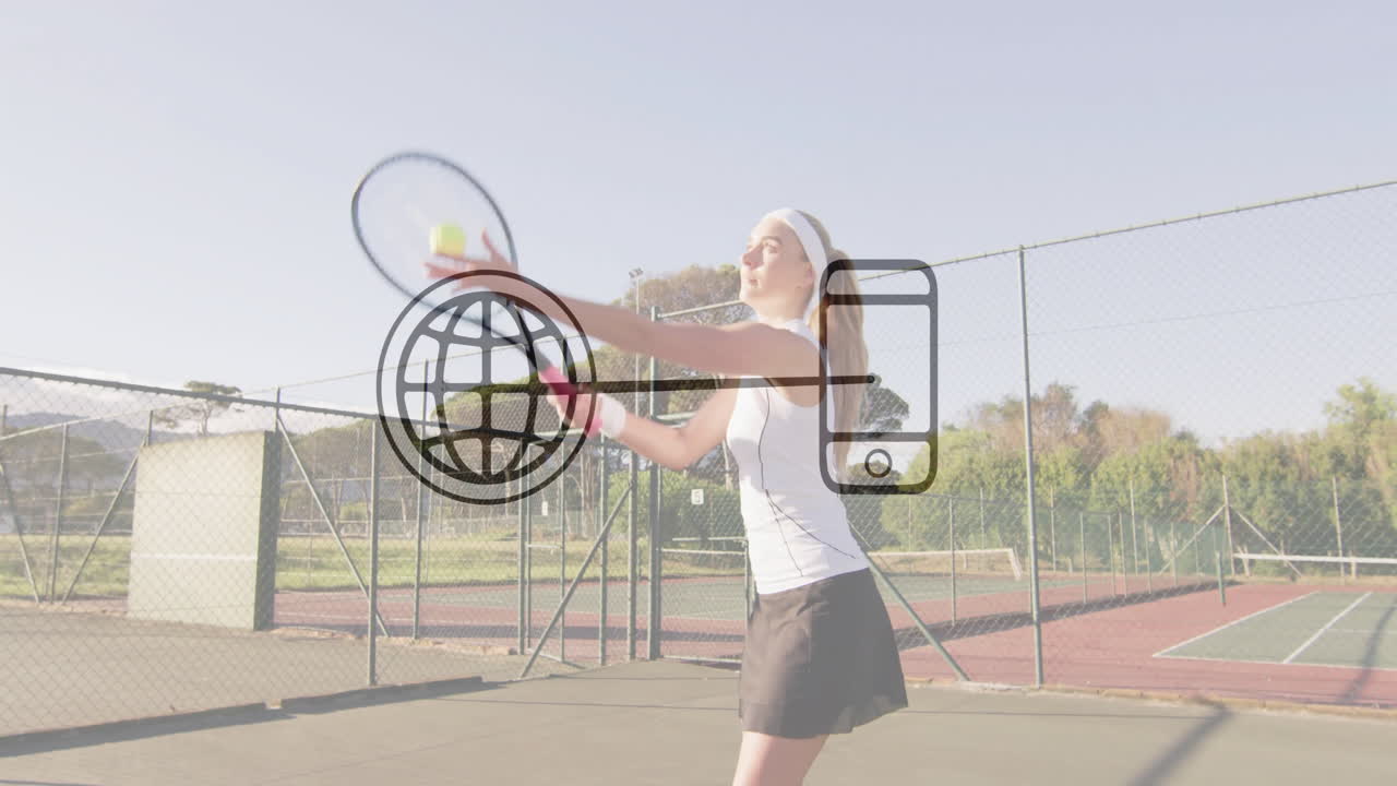 tennis player preparing serve on court, showing animated technology speed graph and trajectory