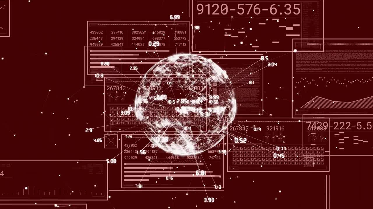 Animation of data processing and globe with network of connections on red background