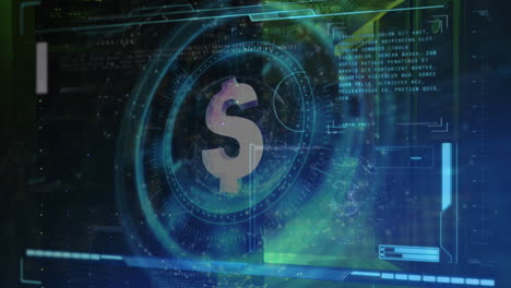 animación del signo de dólar en la cerradura giratoria de la caja fuerte sobre el procesamiento de datos y el servidor informático