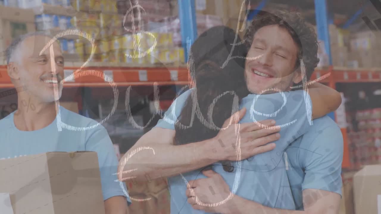 animación del procesamiento de datos estadísticos sobre diversos voluntarios masculinos y femeninos abrazándose