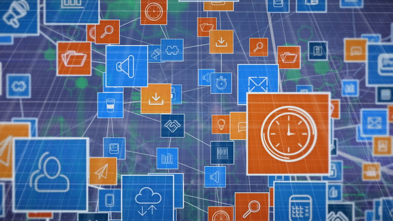 animación del procesamiento de datos sobre iconos de medios