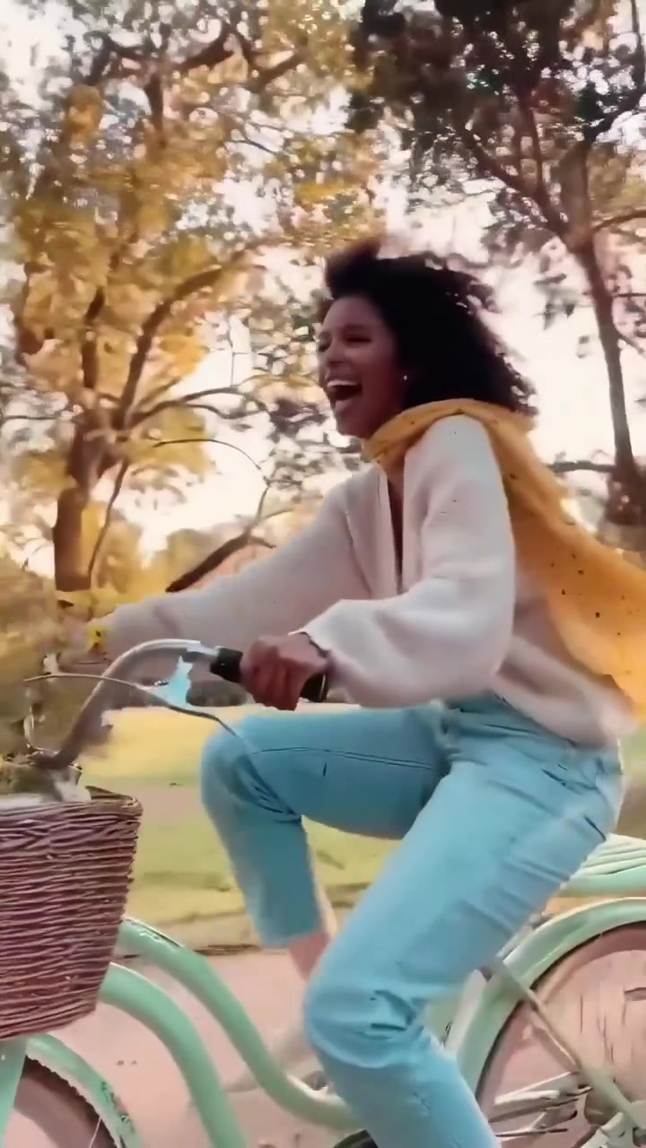 Happy Young Woman Riding a Bicycle in a Park