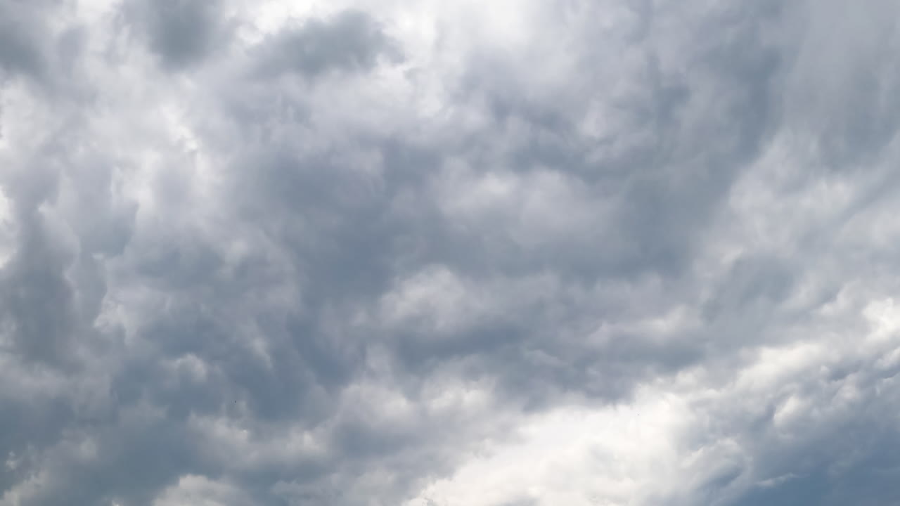Unpleasant grey cloudscape covered the sky. Dramatic overcast horizon before the rain. Low angle view. Timelapse.